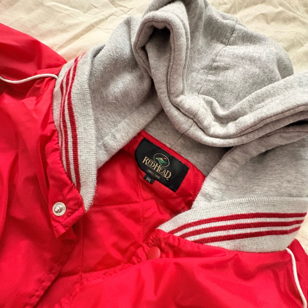 Vintage RedHead Vibrant Red Jacket with Gray Hood